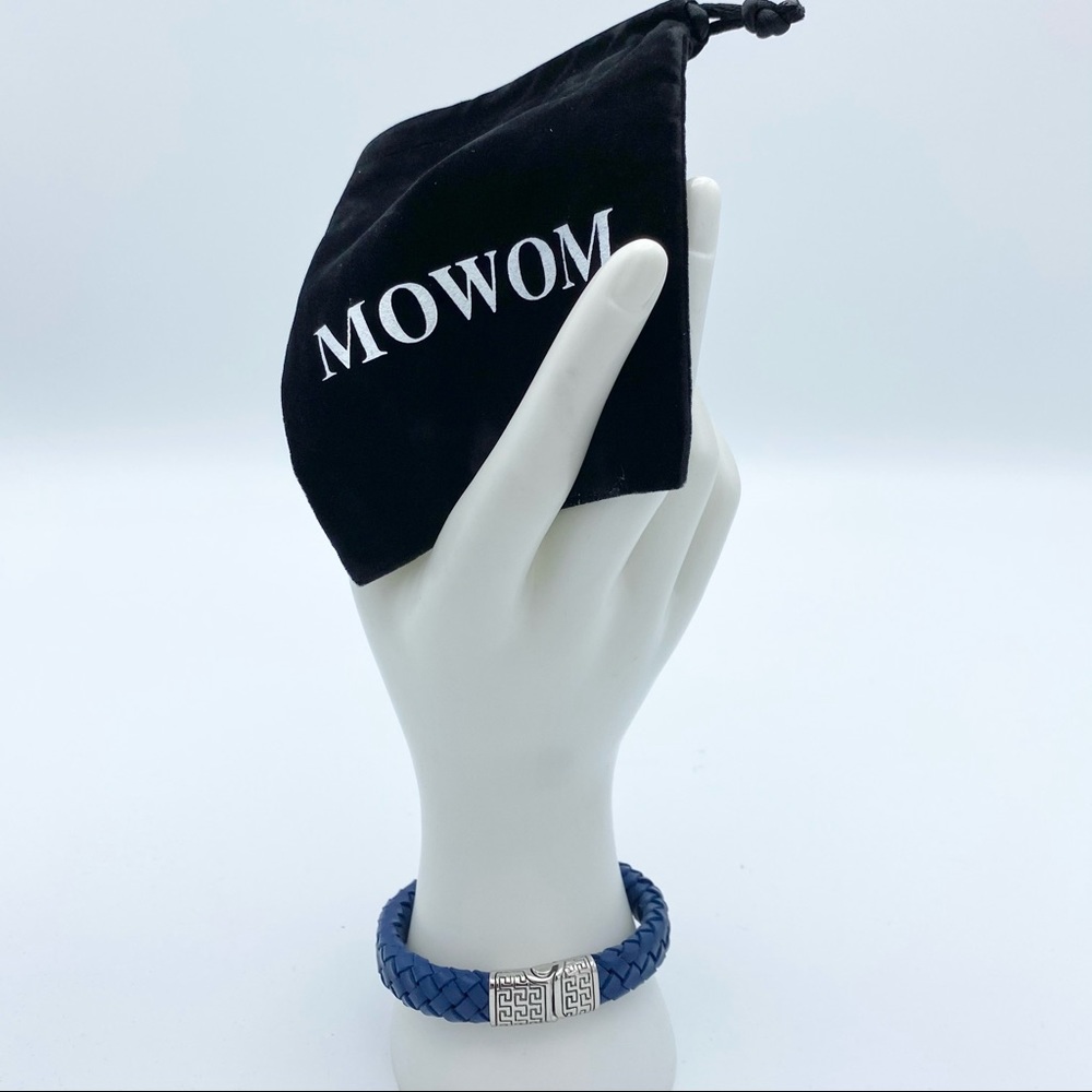 NEW Mowom Blue Leather Greek Braided Cuff Bracelet
